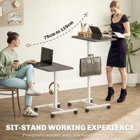 HOMCOM Height Adjustable Standing Desk, Pneumatic Sit Stand Desk with Wheels and Headphone Hook, Grey Wood Grain(m-4)