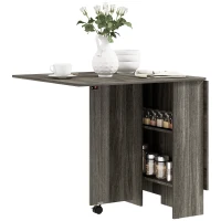 HOMCOM Extendable Dining Table, Collapsible Folding Table w/ 2-tier Shelves and Rolling Casters, Grey Wood Grain(m-9)