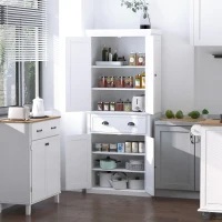 HOMCOM 72.5" Kitchen Pantry Cabinet, Traditional Freestanding Storage Cabinet with 4 Doors, Drawer and 3 Adjustable Shelves for Dining Room, White(m-8)