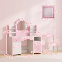 Qaba Kids Vanity Set, Toddler Dressing Table and Chair Set  with Lighted Bow Mirror, Cabinet, Drawer and Shelves, Pink(m-3)