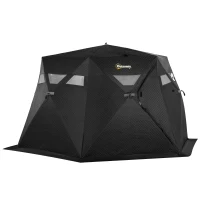 Outsunny 4 Person Insulated Pop-Up Ice Fishing Shelter, 360-Degree View, Portable Ice Fishing Tent Shanty with Carry Bag, Two Doors and Anchors for Low-Temp -22℉, Black(m-1)