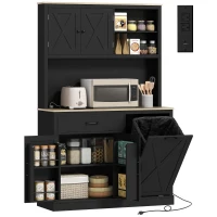 HOMCOM 69" Pantry Cabinet with Charging Station, Kitchen Cabinet with Microwave Stand, Tilt-Out Trash Can Cabinet, Black(m-9)