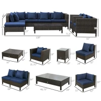Outsunny Patio Furniture Set, 9 Piece Outdoor Sectional Sofa, All-Weather PE Rattan Wicker Conversation Set with Chairs, Ottoman, Loveseat, Coffee and Side Table, Cushions, Navy Blue(m-3)