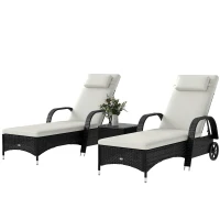 Outsunny Patio Rattan Lounge Set has a Wheeled Wicker Chaise Lounge Chair and A Table with A Tempered Glass Top, White(m-11)