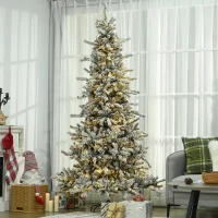 HOMCOM 7.5' Pre Lit Artificial Flocked Christmas Trees, with Snow Branches, Warm White LED Lights, Auto Open, Pine Cones(m-2)