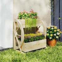 Outsunny Wooden Wagon Planter Box, 2-Tier Raised Garden Bed, for Vegetables Flowers Herbs, Natural(m-7)