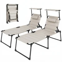Outsunny 2 Pcs Outdoor Lounge Chair, 4 Position Adjustable Backrest, Folding, Cushioned w/ Sun Shade Roof & Pillow, Cream White(m-1)