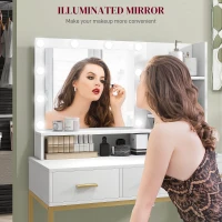 HOMCOM Illuminated Dressing Table, LED Vanity Table with Mirror, 3 Drawers and Storage Shelves for Bedroom, White(m-5)