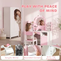 Qaba Kids Vanity Set, Toddler Dressing Table and Chair Set  with Lighted Bow Mirror, Cabinet, Drawer and Shelves, Pink(m-6)