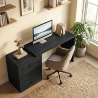 HOMCOM L Shaped Computer Desk Home Office Desk with 3 Drawers Black Wood Grain(m-8)