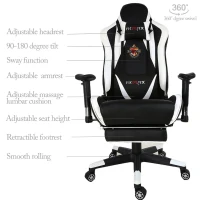 Ficmax Large Size Executive Racing Style Computer Gaming Chair with Lumbar Massage Support and Retractible Footrest - White/Black(m-5)