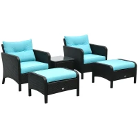 Outsunny 5 Pieces Rattan Wicker Lounge Chair Outdoor Patio Conversation Set with 2 Cushioned Chairs, 2 Ottomans and Tempered Glass Top Coffee Table, Brown/Blue(m-1)