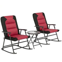 Outsunny 3pc Patio Foldable Rocking Chair Set, Outdoor Rocking Chairs and Table Bistro Set w/ Padded Seat, Headrest, Backrest for park, backyard, garden, Red(m-16)