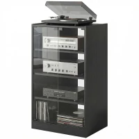 HOMCOM Media Cabinet, 4-Tier Stereo Cabinet for Vinyl Record Player, Gaming Console, AV Record Player Stand with Adjustable Shelves, Push-to-Open Glass Doors and Cable Management, Distressed Black(m-11)