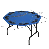 Soozier Poker Table Foldable, 47" Octagon Blackjack Poker Game Table for 8 Players with Cup Holders and Chips Tray, Blue Felt(m-3)