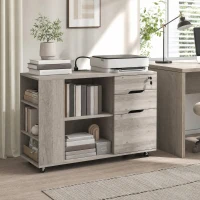 HOMCOM Filing Cabinet with Power Outlets File Cabinet Lockable Casters File Drawer Side Cubbies Light Grey Brown(m-1)