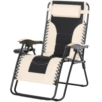 Outsunny Foldable Outdoor Lounge Chair with Footrest, Oversized Padded Zero Gravity Lounge Chair with Headrest, Cup Holders, Armrests for Camping, Lawn, Garden, Pool, Beige(m-11)