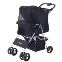 PawHut Cat Dog Stroller, One-click Foldable Pet Stroller w/Cup Holder, 4 Wheels Travel Carrier w/Brakes, 360° Swiveling Front Wheels, Storage Basket, for XS/Small Dogs Cats, Black(m-11)