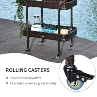 Outsunny PE Rattan Outdoor Bar Table, Outdoor Kitchen Island with 2-Tier Shelf, Wheeled Patio Serving Cart with Brakes for Poolside, Garden, Brown(m-4)