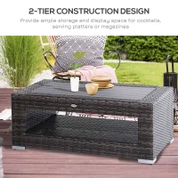 Outsunny Wicker Coffee Table with Height Adjustable Feet, 2 Tier Storage Shelf, Rattan Wicker Patio Table with Deluxe Slatted Top for Outdoor, Patio, Garden, Backyard, Mixed Grey(m-6)