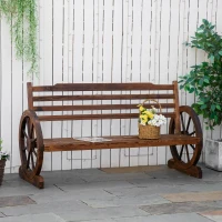 Outsunny Wooden Wagon Wheel Bench, 3-Person Rustic Slatted Seat, Outdoor Patio Furniture, Brown(m-3)