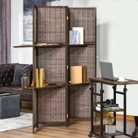 HOMCOM 4 Panel Room Divider, 6ft Tall Bamboo Folding Screen with 2 Storage Shelves for Bedroom, Office, Brown(m-8)