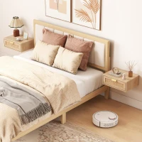 HOMCOM Floating Bedside Tables Set of 2, Wall Mounted Nightstands with Rattan Drawer and Wood Effect, Oak(m-8)
