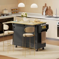 HOMCOM Kitchen Island Cart with Charging Station and Drop Leaf, Kitchen Island Table on Wheels with Trash Can Cabinet, Black(m-1)