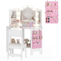 Qaba Kids Vanity Table and Chair Set with Lights, Makeup Dressing Table with Tri-Fold Mirror for Ages 3-8 Years, White(m-9)