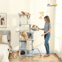 PawHut 67" Large Cat Tree with 7 Scratching Posts, Tunnel, 2 Condos, Hammock, Perch, Ramp, Pompoms, Light Grey(m-4)