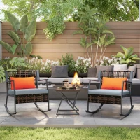 Outsunny 3 Pieces Rocking Bistro Set, Wicker Patio Furniture Set with Cushions and Glass Table for Porch, Balcony, Grey(m-8)