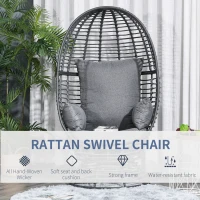 Outsunny Wicker Egg Chair, 360 Rotating Indoor Outdoor Boho Basket Seat with Cushion and Pillows for Backyard, Porch, Patio, Garden, Handwoven All-Weather PE Rattan, Steel Frame, Gray(m-5)
