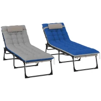 Outsunny Outdoor Lounge Chair Set of 2, Folding Chaise Lounge Tanning Chair with Cushion, Side Pocket, Brown/Blue(m-2)
