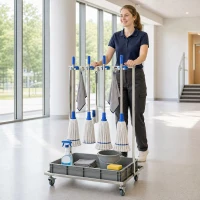 HOMCOM Cleaning Rolling Janitor Cart with Locking Wheels Cleaning Cart with Integrated Drip Tray 4 Casters(m-1)