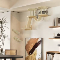 PawHut 3pc Cat Wall Shelves w/ Scratching Post, Perches, Ladder, Steps & Scratching Board, Beige(m-10)