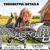 Outsunny Reversible Outdoor Rug Carpet RV Camping Rugs with Carry Bag, 9' x 18', Black & White Clover(m-6)