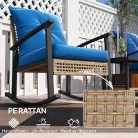 Outsunny 3 Pieces Bistro Set, Patio Wicker Furniture Set with Button Tufted Cushions, Rattan Rocking Chairs, Coffee Table, Blue(m-7)