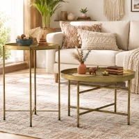 HOMCOM Coffee Table Set for Living Room, Round Center Table Set with Hammered Tray Top and Metal Frame for Bedroom, Gold(m-2)