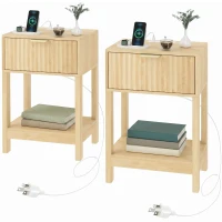 HOMCOM Modern Nightstand Set of 2, Slim Bedside Table with Drawer, Open Shelf and Built-in Charging for Bedroom, Oak(m-2)