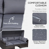 Outsunny Outdoor Daybed with Canopy, 4 Piece Sectional Patio Furniture Set, Cushions, Coffee Table Ottoman, PE Wicker Conversation Sofa Set and Convertible Sunbed, Gray(m-5)