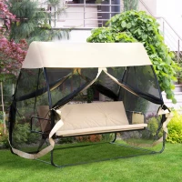 Outsunny 3-Seat Outdoor Swing Chair, Porch Swing, Chaise Lounger Bed, Garden Hammock, Converting Flat Bed with Heavy-Duty Steel Stand, Canopy and Netting Walls, Beige(m-1)