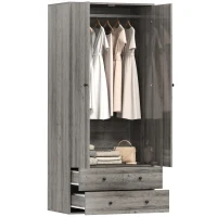 HOMCOM Modern Wardrobe Closet Armoire with 2 Drawers and Hanging Rod, Clothes Storage Organizer for Bedroom, Grey(m-11)