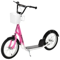 Aosom Youth Scooter, Kick Scooter with Adjustable Handlebars, Double Brakes, 16" Inflatable Rubber Tires, Basket, Pink(m-11)