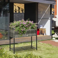 Outsunny Rattan Raised Garden Boxes, Elevated Flower Beds with Storage Shelf for Herbs, Flowers, Vegetables, Mixed Grey(m-8)