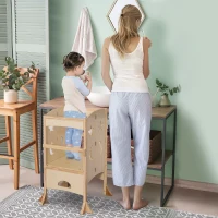 Qaba Wooden Kitchen Step Stool for Kids, Foldable Toddler Tower, Helper Stool for Kitchen Counter with Support Handles Safety Rail, Natural Wood(m-10)