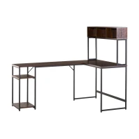 HOMCOM L-Shaped Home Office Desk with Bottom Tower Shelf, 3 Cube Shelves, Computer Writing Desk with Metal Frame, Walnut Brown(m-12)
