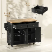 HOMCOM 44" Mobile Kitchen Island Table, Kitchen Island Cart on Wheels with Storage Cabinets, 2 Drawers, Black(m-3)