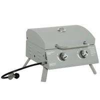Outsunny 2 Burner Propane Gas Grill, Portable Tabletop BBQ with Foldable Legs, Lid, for Camping, Picnic, Silver(m-9)