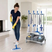 HOMCOM Cleaning Rolling Janitor Cart with Locking Wheels Cleaning Cart with Integrated Drip Tray 4 Casters(m-8)