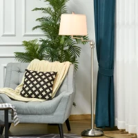 HOMCOM Standing Floor Lamp Tall Pole Light with Shade, Metal Round Base Adjustable Support Pole, E26 Bulb Base, for Bedroom, Living Room, Office, Silver/Beige(m-3)